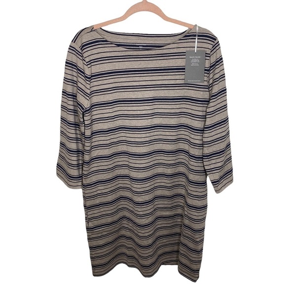 Garnet Hill Gray Striped Organic Cotton Bateau Neck Knee Length Dress - Picture 3 of 7